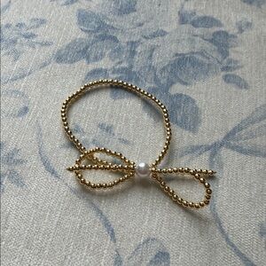 Gold Beaded Bow Bracelet with Pearl Accent